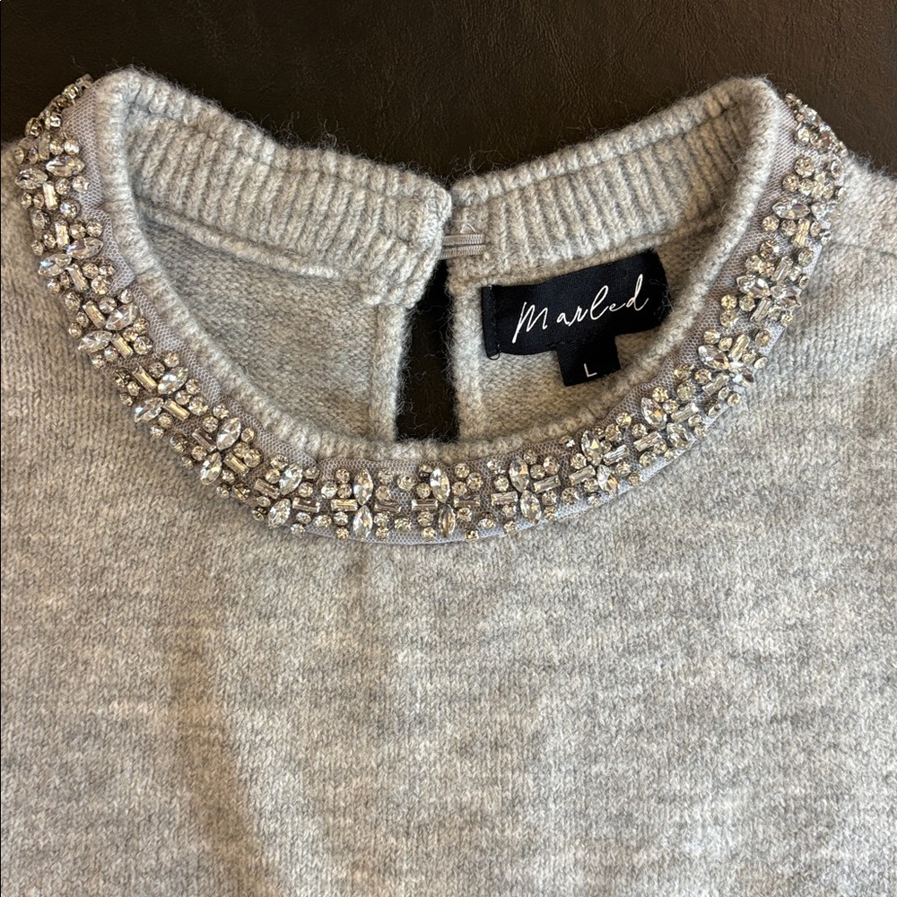 Marbled Light Gray Sweater with Crystal Embellishments Size Large Like new!